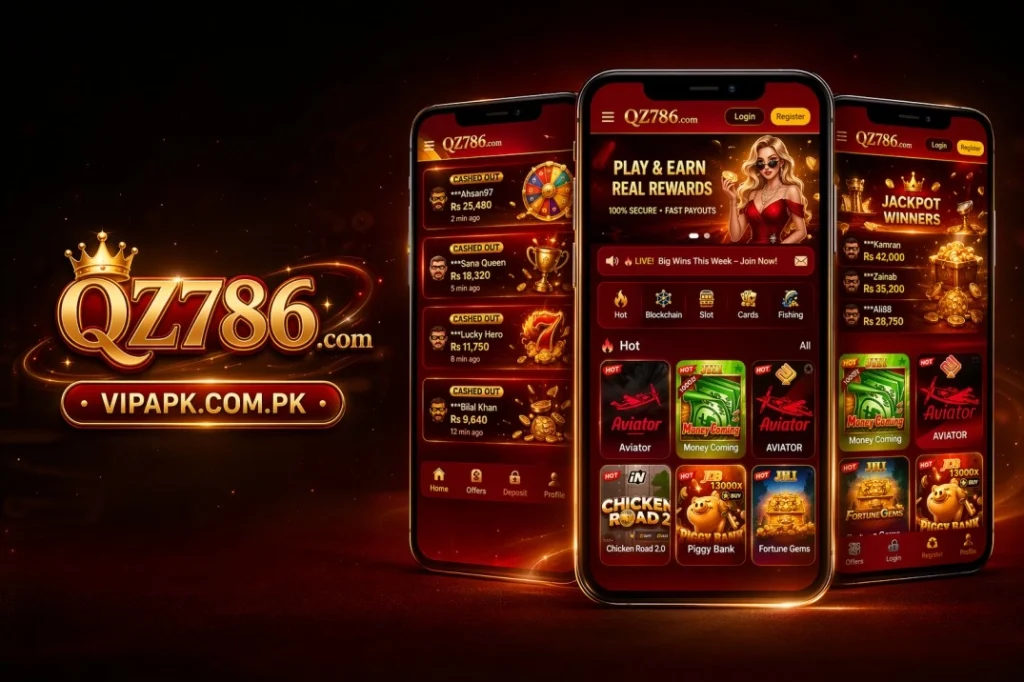 QZ786 online earning game app screenshots with VIPAPK.COM.PK branding