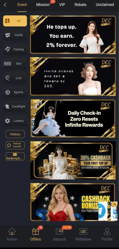 DCC6 Game event page showing cashback bonus and rewards offers