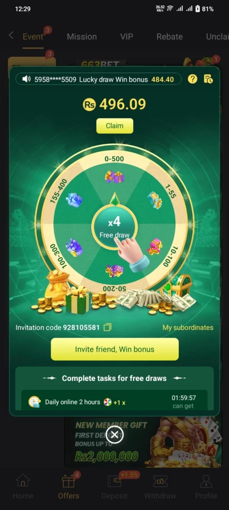663BET Spin Wheel feature showing lucky spin rewards and bonus prizes