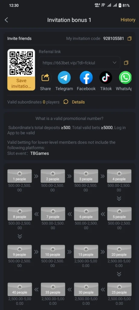 663BET Commission Box showing referral earnings and bonus commission details