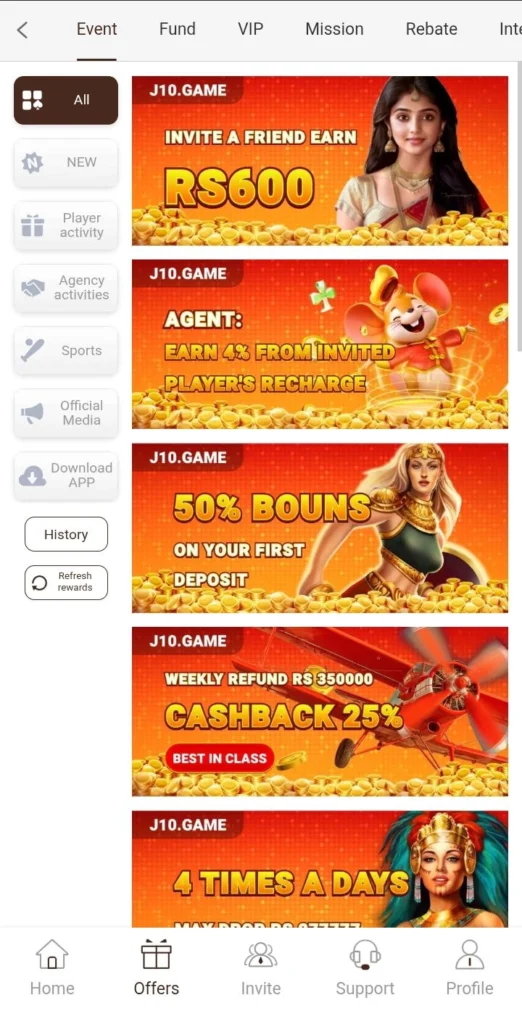J10 Game bonuses and rewards dashboard with daily bonus offers