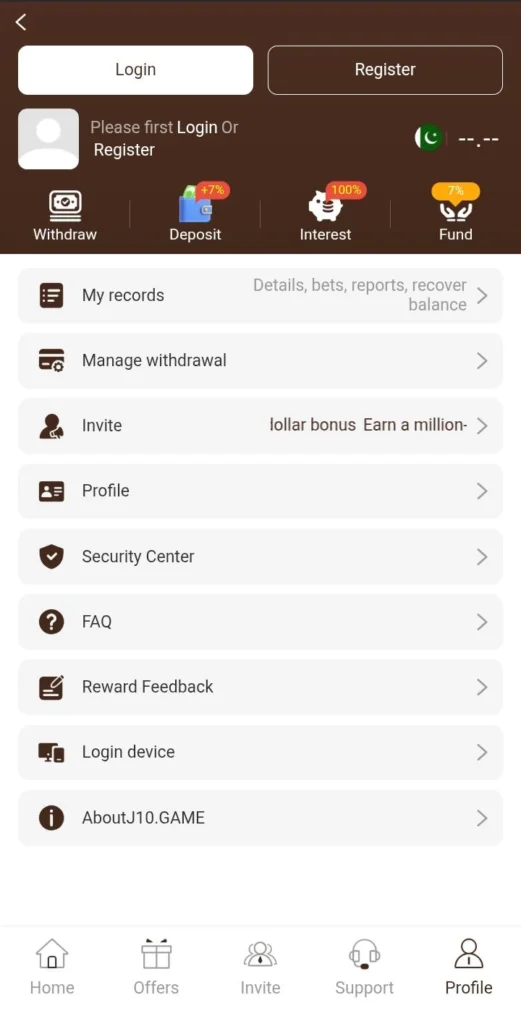 J10 Game user profile dashboard account settings and wallet details