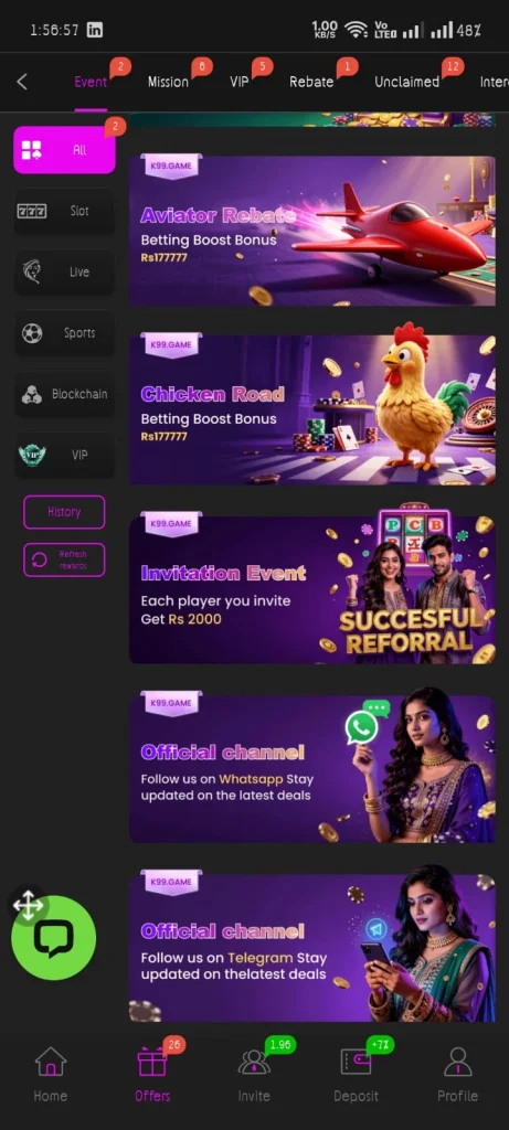 K99 Game welcome bonus for new users