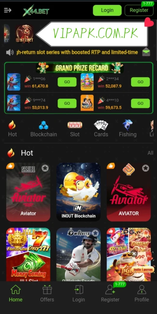 X44Bet app main dashboard with game options