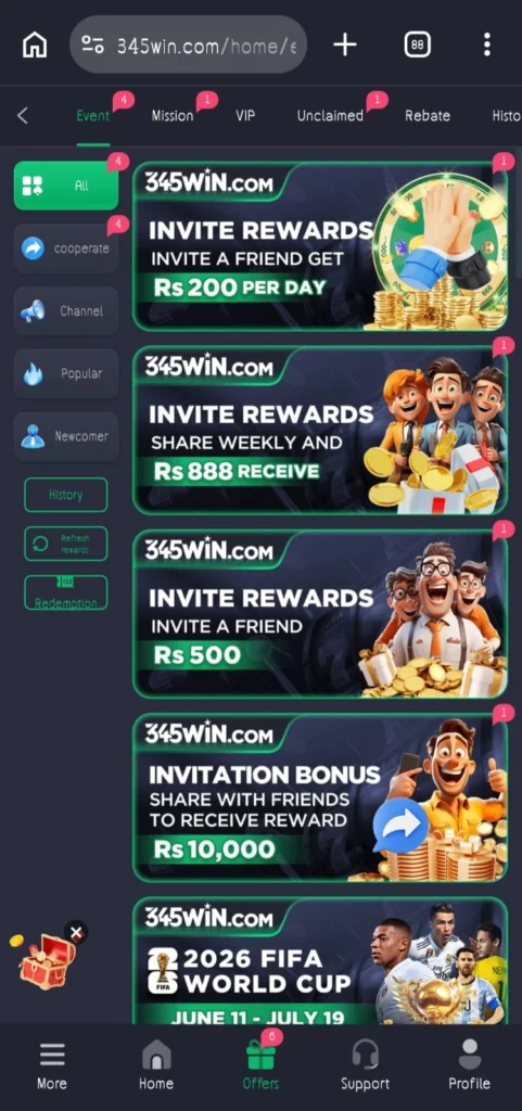 345win Game bonuses and rewards screen