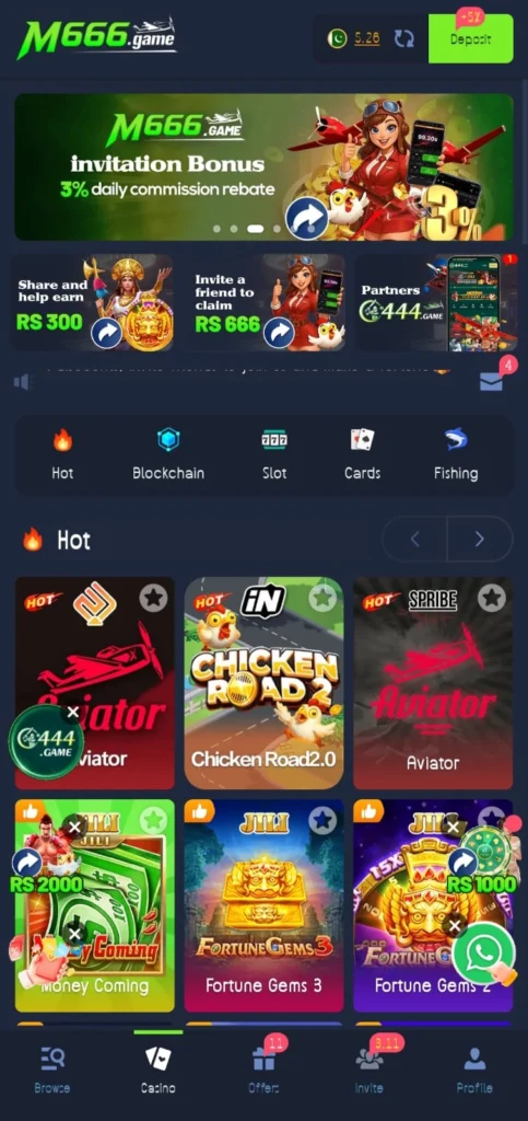 M666 gaming app dashboard showing balance and quick play options
