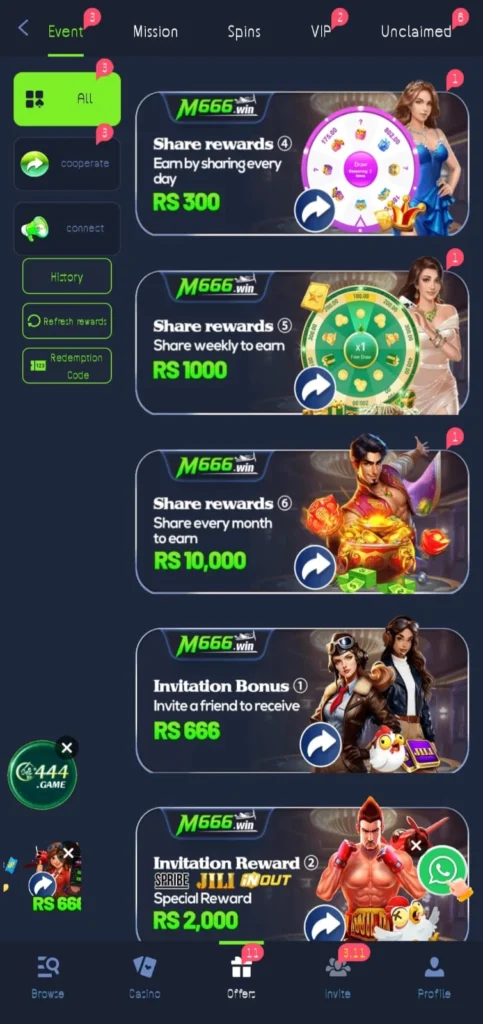 daily bonus rewards and cashback offers inside M666 mobile game