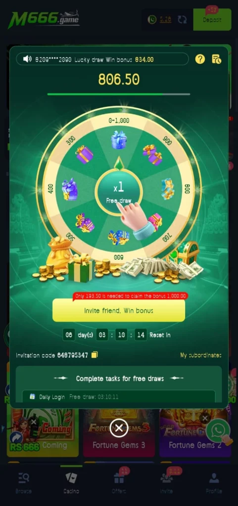 refer friends feature with free spins and bonus rewards in M666 app