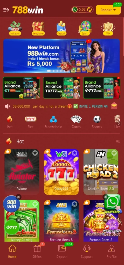 788Win app main dashboard with games and balance