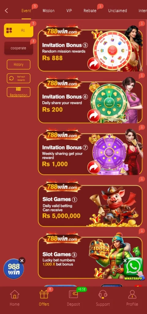 788Win bonus section showing daily rewards