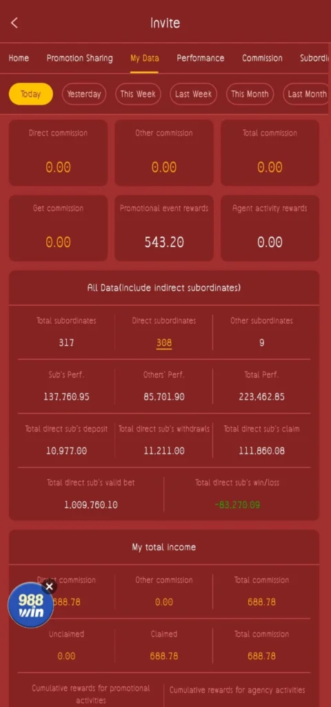 788Win invite system with referral earnings