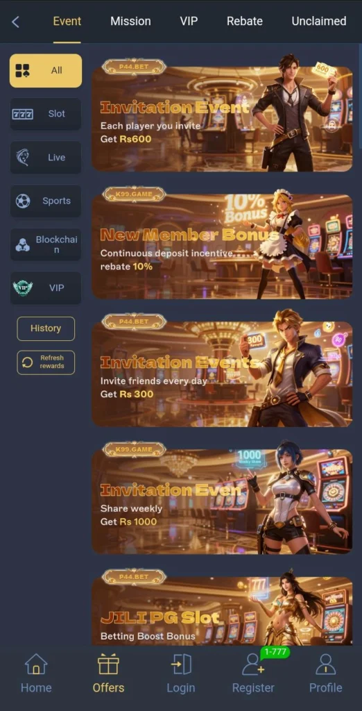 P44BET Game bonuses and rewards section