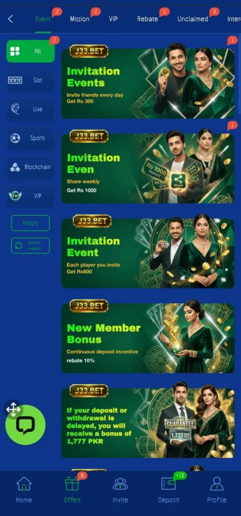 J33Bet rewards bonus earning section