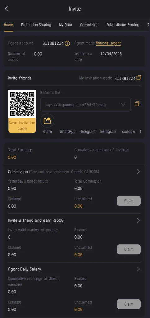 Six Game  Referral  dashboard in screen shoot