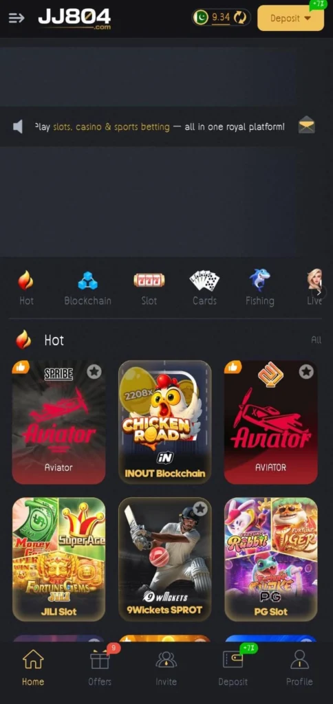 JJ804 game home screen with slots and betting options
