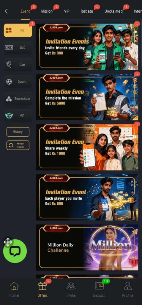 JJ804 daily rewards and bonus offers screen