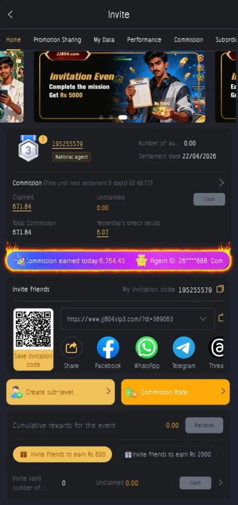 JJ804 earnings dashboard showing referral and commission stats