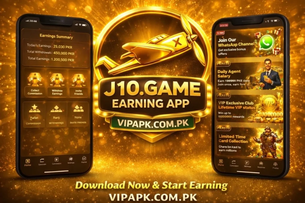 J10 Game gold earning app promo with mobile screens and VIPAPK branding