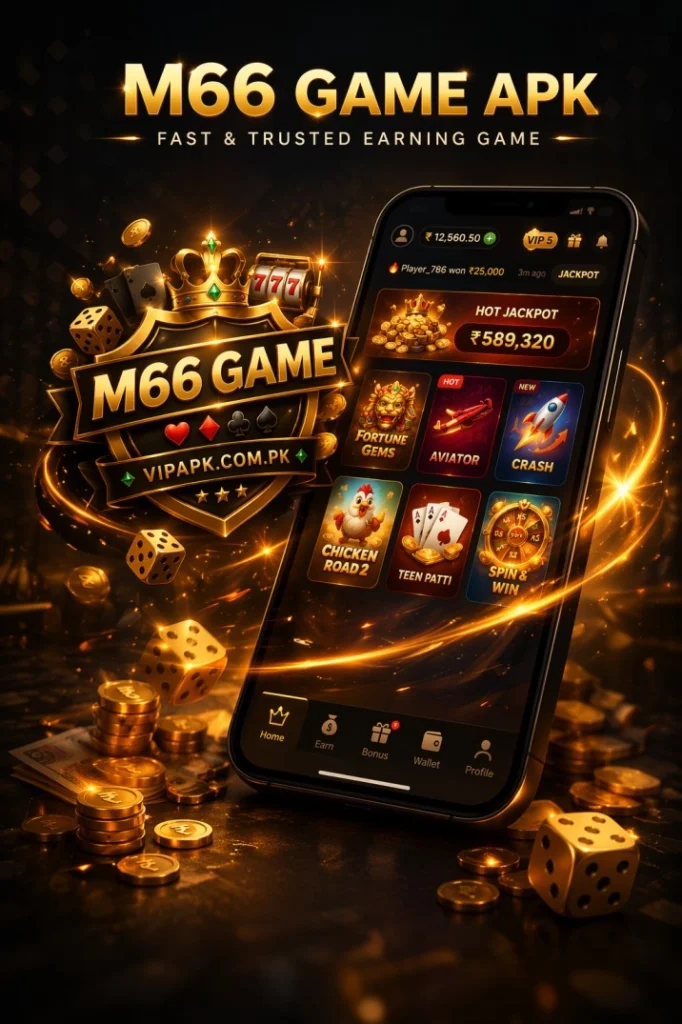 M66 Game APK earning app poster with mobile casino interface and rewards games