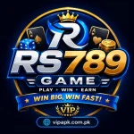 RS789 Game modern blue gold logo with gaming icons and VIP style design