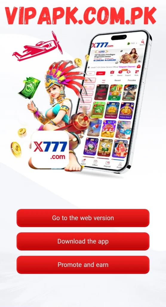 X777 Game mobile app promo screen with web and app options