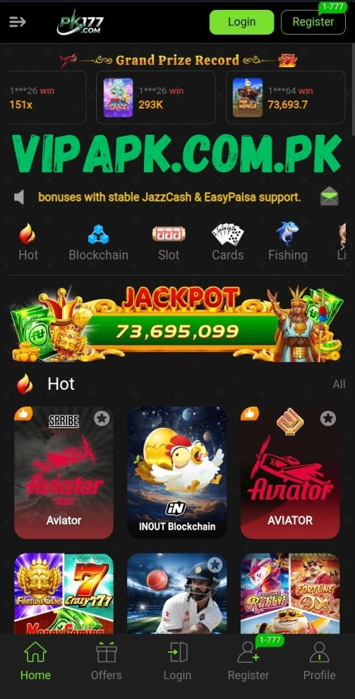 PK177 app home screen showing game categories and jackpot section