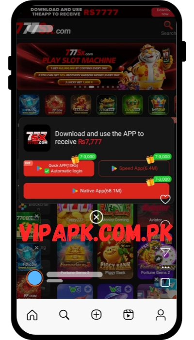 777SX game app download screen with VIPAPK.com.pk watermark