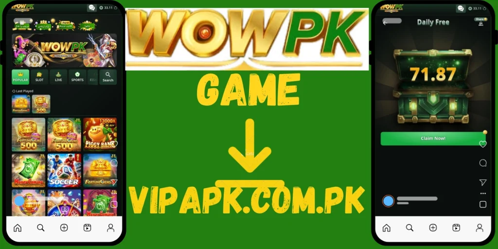 WOWPK Game app interface showing slot games, rewards, and free bonus claim screen.