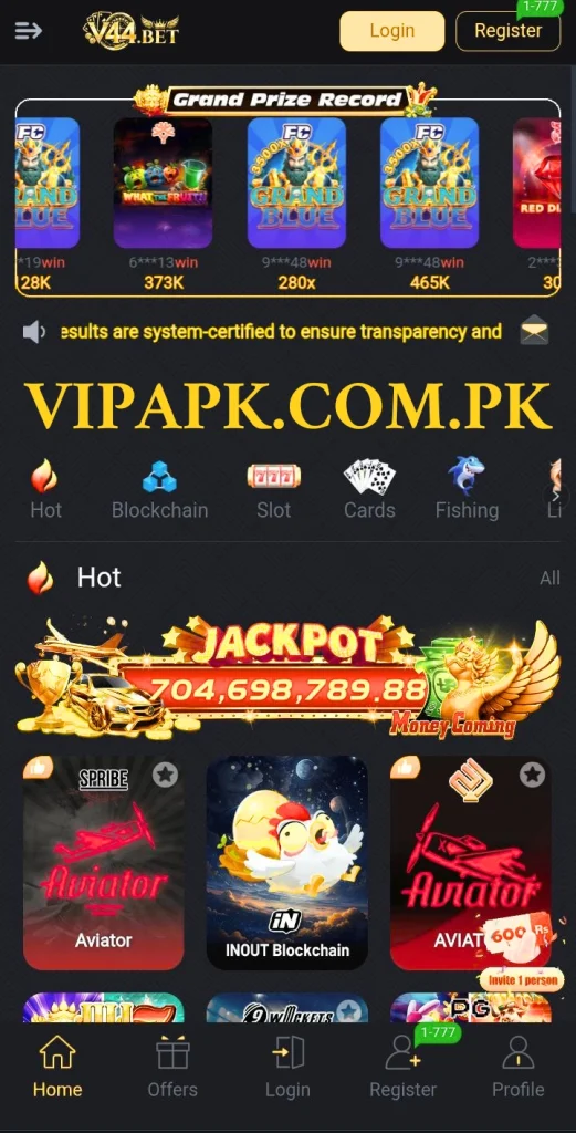 V44.bet Game home dashboard interface