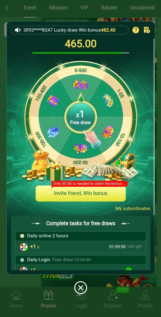777CX Game lucky draw wheel with free bonus rewards