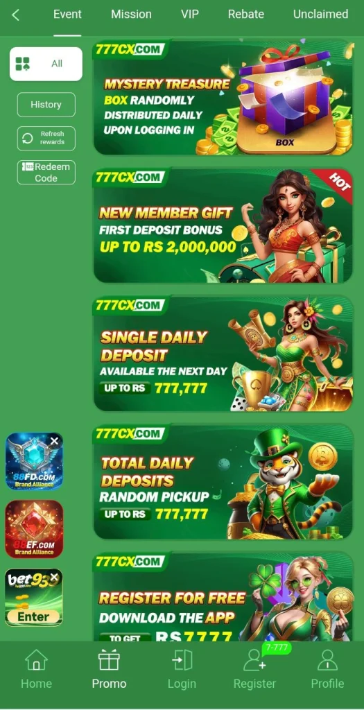 777CX Game promotion page with bonus rewards and deposit offers