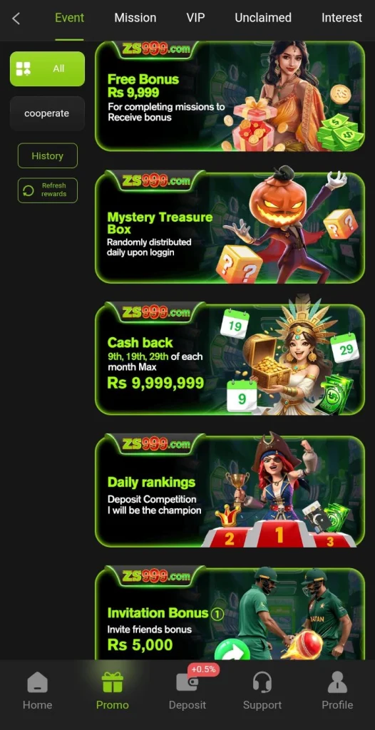 ZS999 special bonus offer banner for online gaming users.