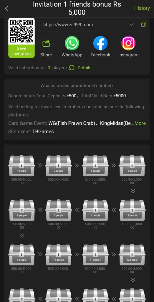 ZS999 referral reward box showing 1 valid player bonus of 5000.