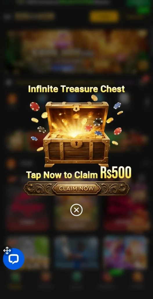 Treasure chest reward popup offering Rs500 bonus claim.