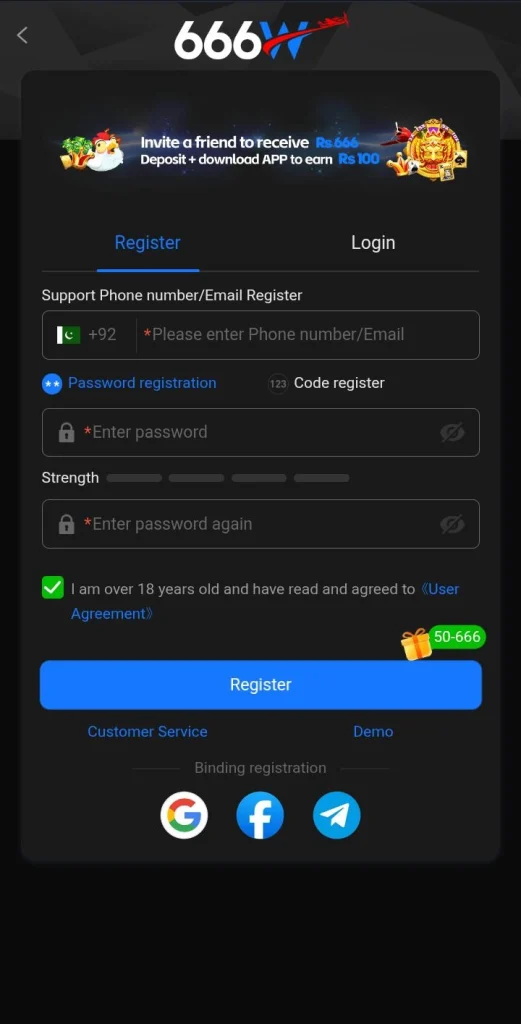 666W app registration page with signup form