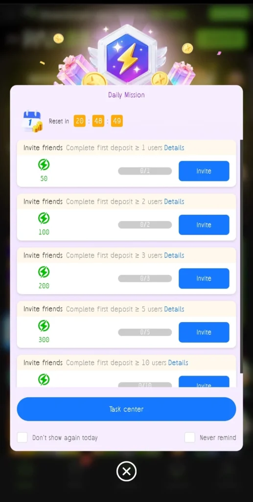 Daily tasks and rewards screen