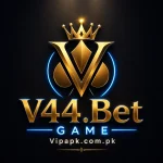 V44 Bet Game gold 3D logo with crown and blue neon glow on dark background