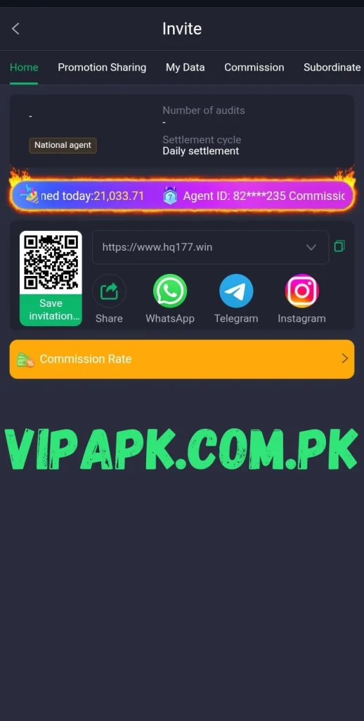 HQ777 Game invitation dashboard showing referral options