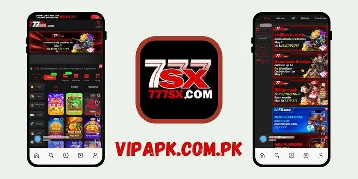 777SX mobile casino app interface collage with VIPAPK branding