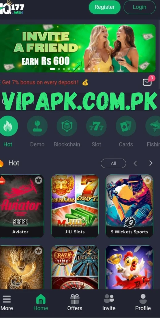 HQ777 Game home screen showing main dashboard