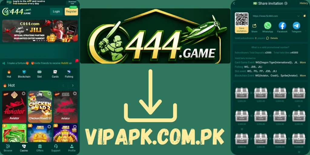C444 Game mobile app dashboard with Aviator games, referral rewards, and casino