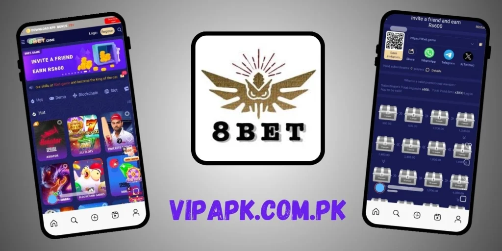 8BET gaming app promotion with mobile interface and VIPAPK branding