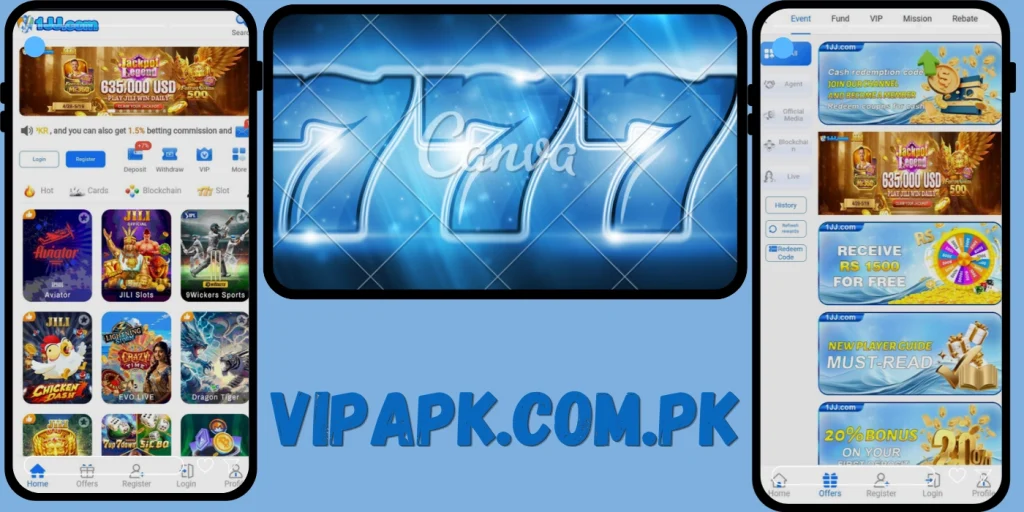 1JJ Game app interface with casino games and bonus offers