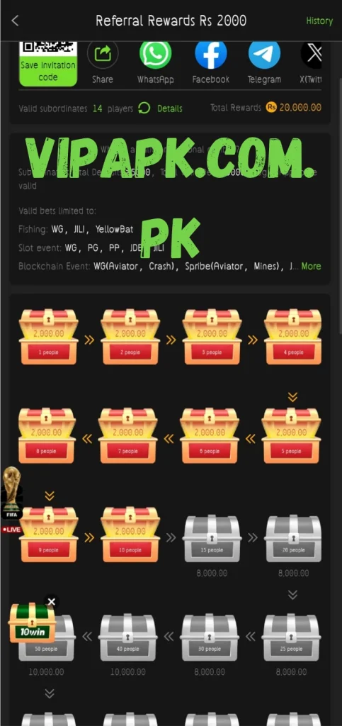 10Win Game referral rewards screen showing bonus offers up to Rs 2000 for inviting friends.