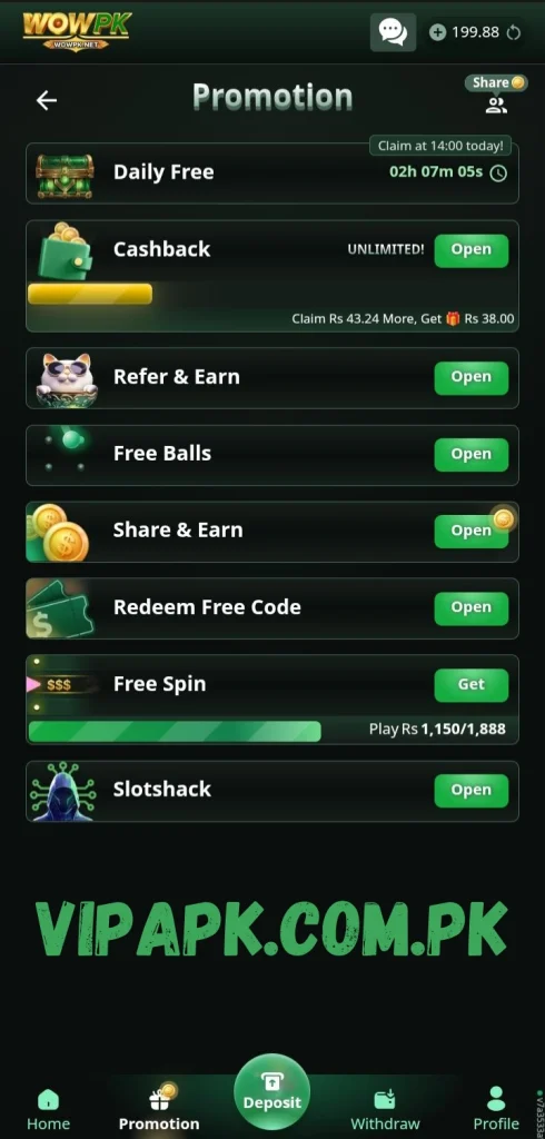 WOWPK Game promotion page showing cashback, refer and earn, free spins, and bonus rewards.