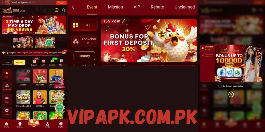 S55 Game app interface showing bonus offers, first deposit rewards, and multiple casino game options.