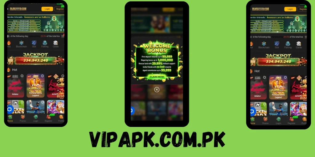 Play7778 Game mobile app interface with bonus rewards, jackpot section, and VIPAPK.COM.PK branding.