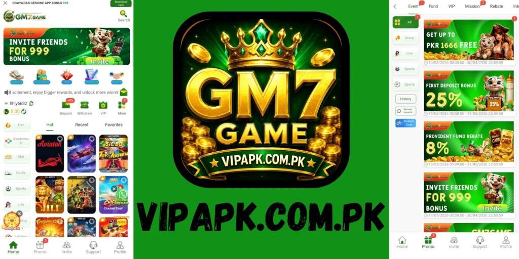GM7 Game app interface showing bonus offers, deposit rewards, and gaming dashboard with VIPAPK.COM.PK branding.
