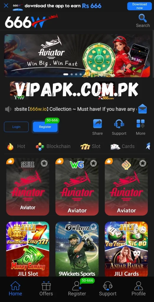 666W Game home dashboard with casino games and bonus offers