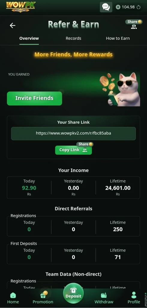 Game refer and earn screen with invite friends option and commission income details.